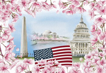 National Cherry Blossom Festival in Washington D.C. Postcard with cherry blossoms and landmarks of the US capital. Watercolor illustration. Sketch. Hand drawing.