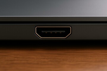 Close-up view of HDMI port on modern laptop with wooden desk background.