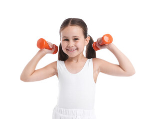Little girl with dumbbells on white background