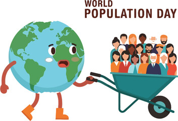 Cartoon earth pushing wheelbarrow filled with diverse group of people