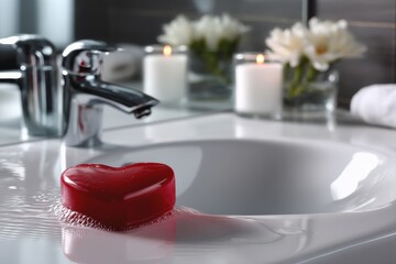 Heart-shaped red soap rests on a pristine bathroom sink with candles and flowers nearby in a serene environment