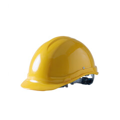 Fototapeta premium A bright yellow construction helmet, isolated on a white background, symbolizing safety and protection in the workplace.
