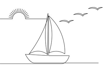 Sailboat single line art drawing continuous vector isolated on white minimalist style.
