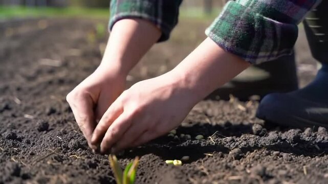 Person planting seeds in dark soil wearing a plaid shirt and boots in a field on a sunny day