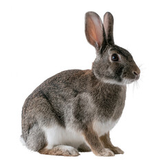 Obraz premium A close-up view of a brown rabbit sitting gracefully, showcasing its large ears and soft fur against a white isolated background.