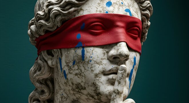 An aged marble statue of a woman with a red blindfold and blue paint splatters, her finger signaling silence.