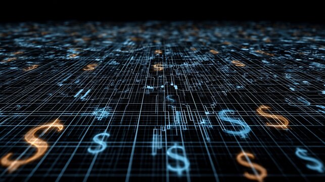 Business background futuristic digital finance setting with 3D currency symbols blockchain lines and AI trading graphs on dark tech grid ideal for business backgrounds and corporate finance graphics