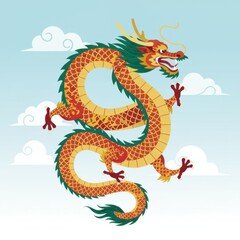 Fototapeta premium The dragon has a golden and black color scheme, surrounded by flames and clouds.