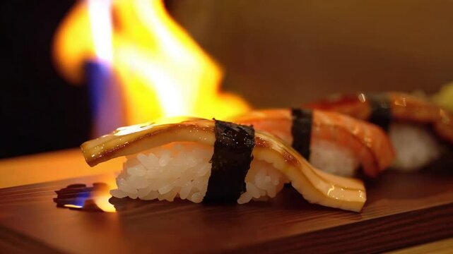 Close-Up of Aburi Sushi Torched with Bubbling Soy Glaze &ndash; Japanese Cuisine Flame-Cooked in Motion