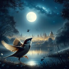 A sparrow a starry sky
