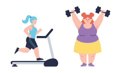 Women Exercising: Running on a Treadmill and Lifting Weights.  Illustration of two women exercising: running on a treadmill and lifting weights.