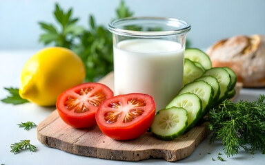 Fresh Healthy Yogurt Drink with Sliced Cucumbers, Tomatoes, and Herbs