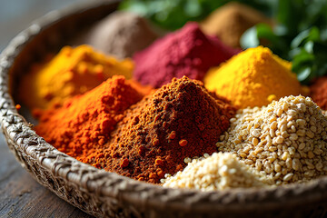 Colorful Spices in a Woven Basket, Ready for Culinary Creations