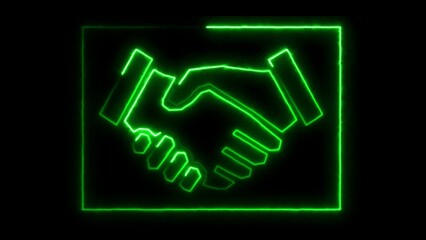 Neon green glowing handshake icon against a black backdrop representing agreement collaboration and business partnerships for concepts like deal making and cooperation.