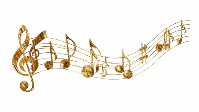 Golden musical notes and treble clef on swirling staff line isolated on white background illustration