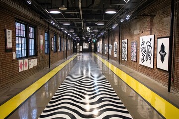 Fototapeta premium An indoor art gallery with brick walls, featuring black and white abstract paintings and a striking zebra-striped floor running down the center of the corridor.