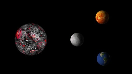 A collection of various celestial bodies like earth the moon mars and an active fiery planet isolated against a dark black space background