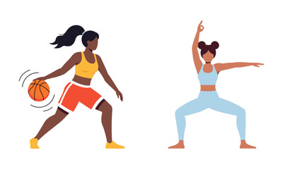 Women's Sports and Fitness: Basketball and Yoga Poses. Illustration of a woman playing basketball and another performing a yoga pose.