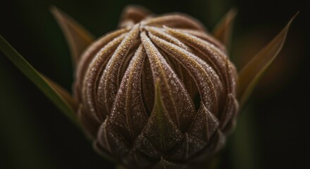 Mysterious flower bud glistening with dew, revealing nature's intricate design