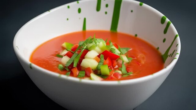 Tomato soup garnished with fresh vegetables in artistic bowl