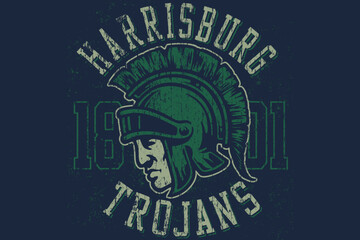 Retro-themed illustration of the Harrisburg Trojans logo incorporating a Spartan helmet, historical typography, and bold color tones. Ideal for sports memorabilia, history references, and themed desig
