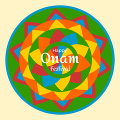 Colorful Onam festival greeting with traditional Pookalam floral rangoli design. Bright layered petals in vibrant colors on beige background, symbolizing joy, culture, and celebration.