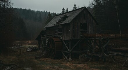Old abandoned mill in a forest on a gloomy day, showcasing the power of nature