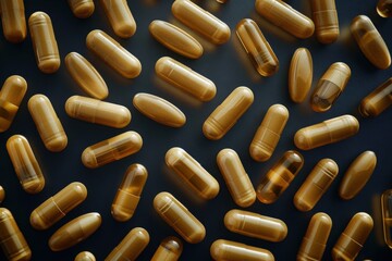 Golden Capsules Scattered on Dark Surface, High-Angle View