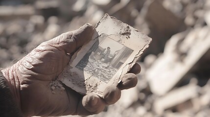 Weathered Hand Holding a Faded Photograph Among Rubble in Soft Daylight