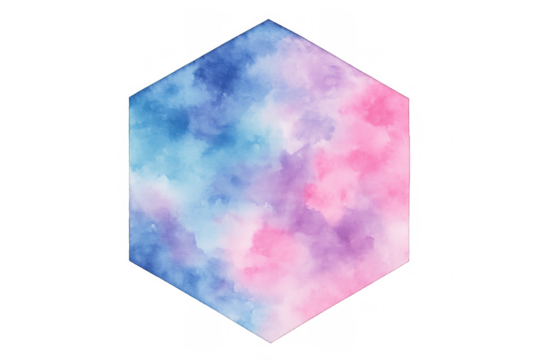 Hexagonal watercolor texture in pink and blue with transparent background, perfect for creative projects