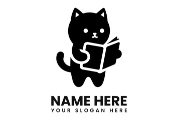 Obraz premium Cute black cat logo holding an open book, simple design, with space for text.