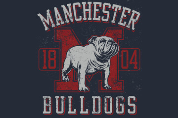Design featuring a regal bulldog illustration, styled text, and bold colors, symbolizing sports fandom and mascot representation in a retro vintage look.