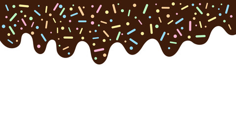 Rich Chocolate Dripping Icing with Colorful Sprinkles. Abstract Dessert Background. Vector Illustration