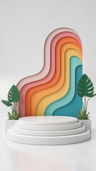 Colorful 3d stage with tropical plants ideal for product display and presentation