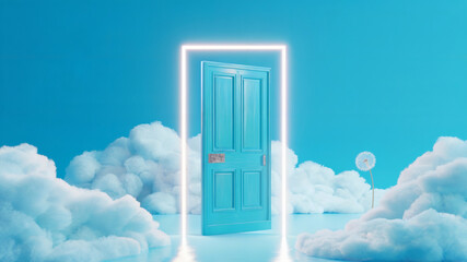 Blue door and white clouds dreamscape concept representing opportunity and imagination