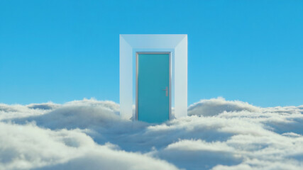 Dreamy concept of a teal door in the sky surrounded by fluffy cloudscape