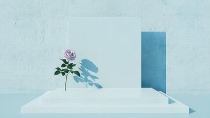 Elegant rose on a minimalist stage with shadow accents in soft pastel colors
