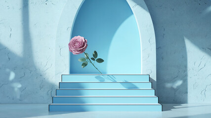 Elegant rose bloom rests on a sky blue architectural display creating artistic harmony
