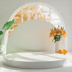 Elegant white studio stage with orange lilies and oranges for product display and presentation
