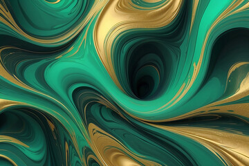 Luxurious abstract fluid art in emerald green and golden yellow swirling texture