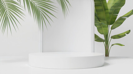 White minimalist pedestal with tropical leaves background for product presentation display.