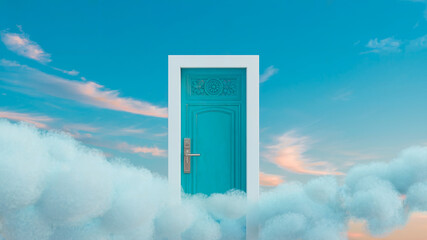 Turquoise door in the sky surrounded by fluffy clouds and beautiful blue skies