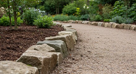 Scenic garden path lined with natural stones and lush greenery in springtime