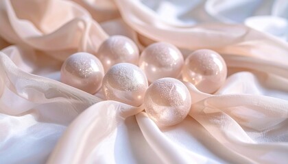 Frosted spheres glowing in pastel electric tints resting on silky translucent fabric with ambient shimmer in the shadows