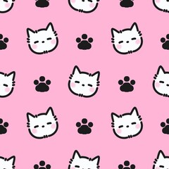 Cute white cat face and paw pattern on pink background. Adorable and playful cartoon design, ideal for fabric, wrapping paper, kids products, and pet-themed items.