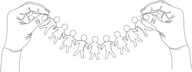 Line art of hands holding paper chain of people in a continuous line