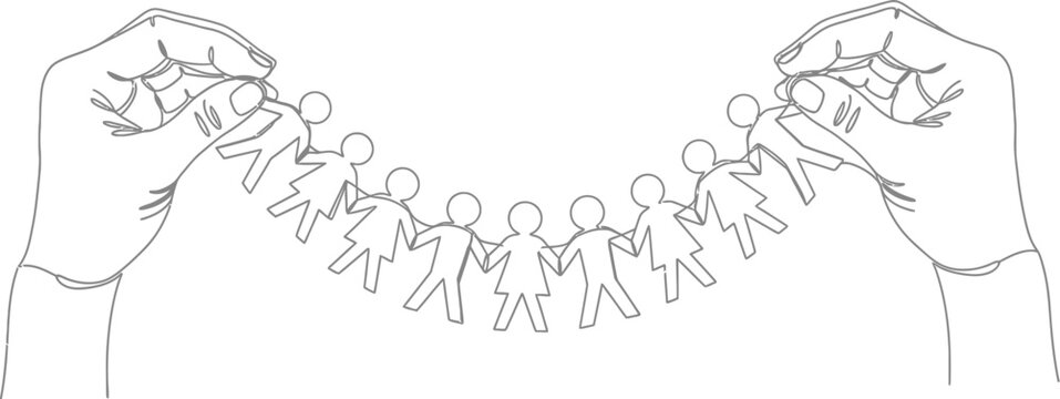 Line art of hands holding paper chain of people in a continuous line