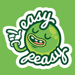Illustration of a cheerful green cartoon character with a humorous expression, paired with the text 'Easy Peasy' in a fun and relaxing style.