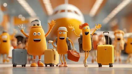 Cheerful Cartoon Travelers with Luggage Waving at Airport Terminal, Ready for Vacation, Featuring Airplane in Background, Travel Concept