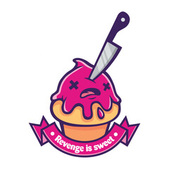 illustration design depicting a cute pink  emblem cupcake, illustrating with playful and humorous styling elements.